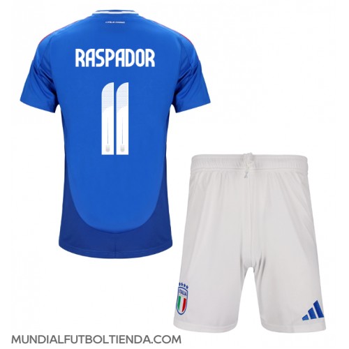 Camiseta Italia Giacomo Raspadori #11 Primera Equipación Replica Eurocopa 2024 para niños mangas cortas (+ Pantalones cortos)